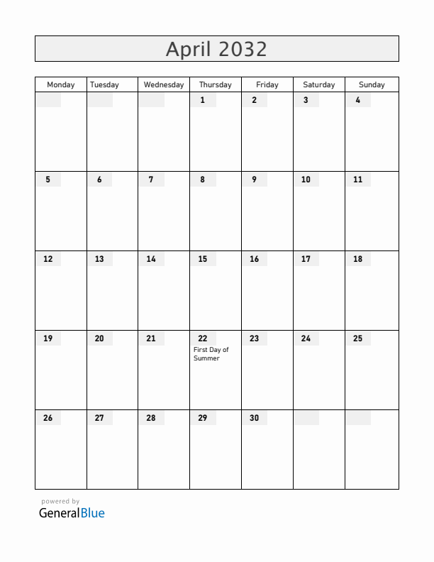 Iceland April 2032 Calendar with Holidays