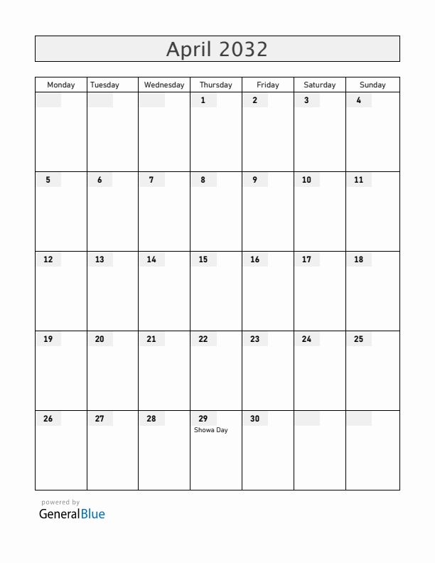 Japan April 2032 Calendar with Holidays