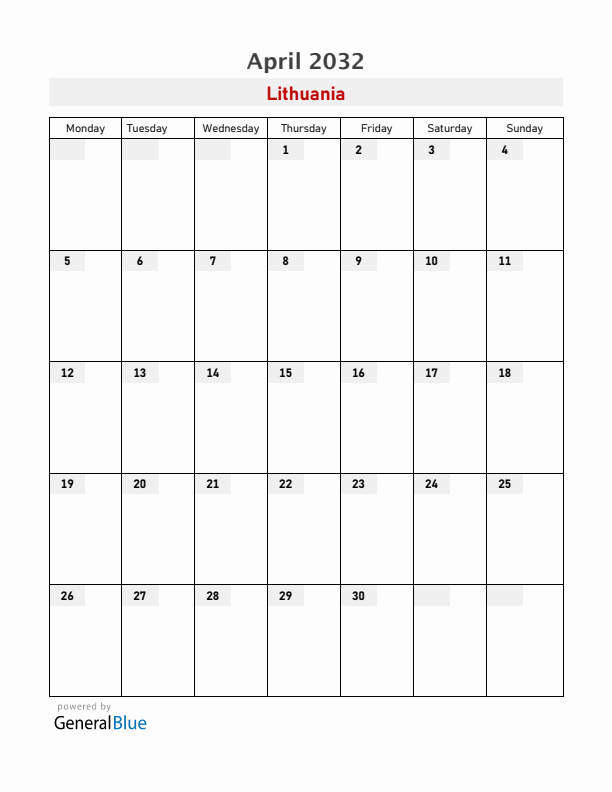 Lithuania April 2032 Calendar with Holidays