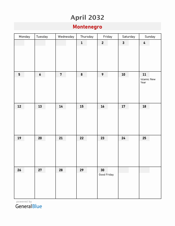 Montenegro April 2032 Calendar with Holidays