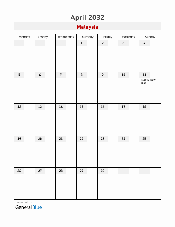 Malaysia April 2032 Calendar with Holidays