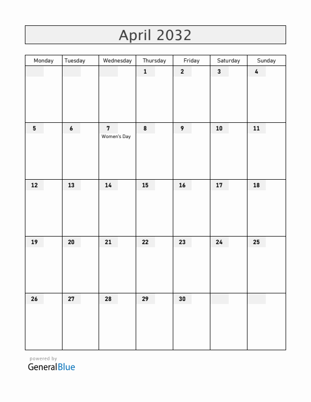 Mozambique April 2032 Calendar with Holidays