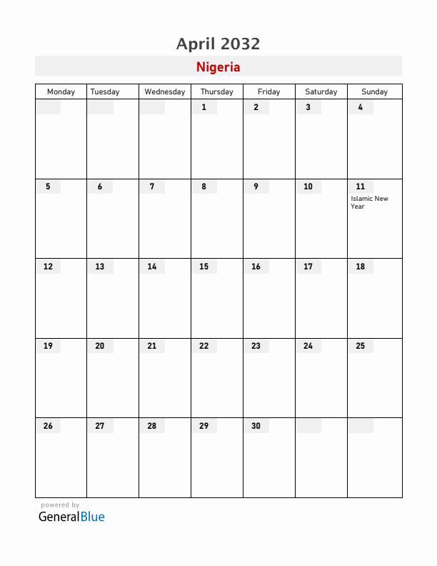 Nigeria April 2032 Calendar with Holidays