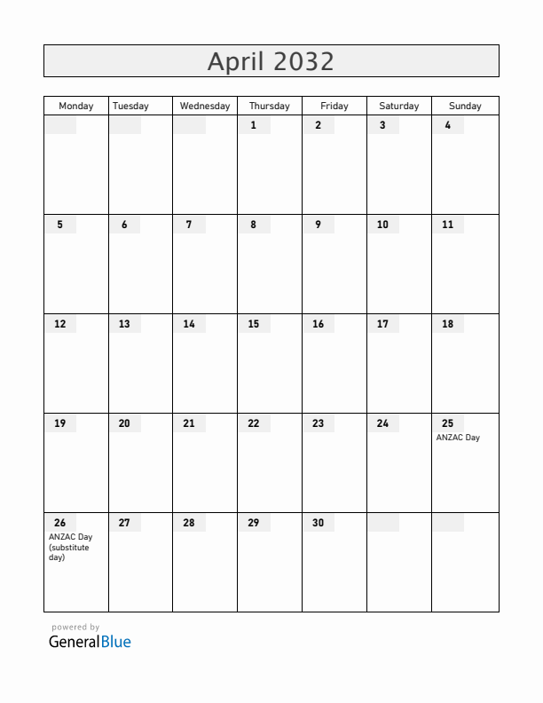 New Zealand April 2032 Calendar with Holidays