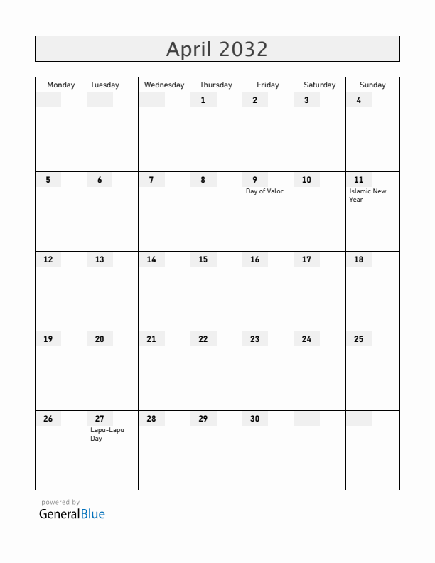 Philippines April 2032 Calendar with Holidays