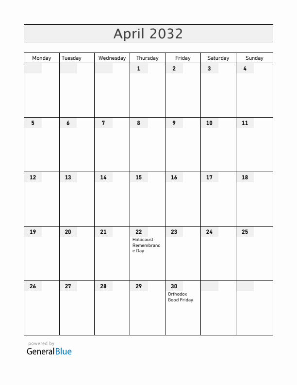 Serbia April 2032 Calendar with Holidays