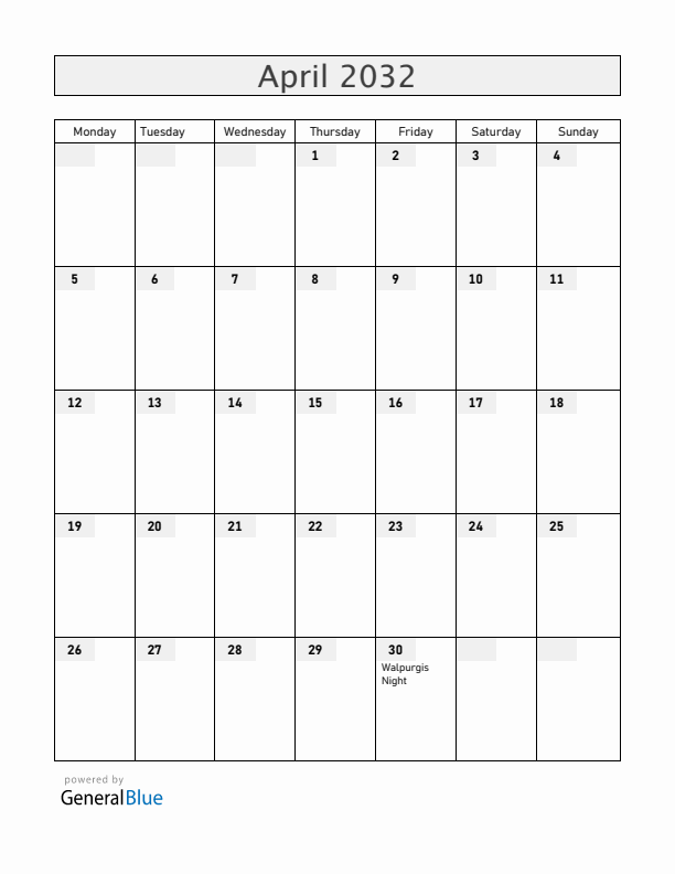 Sweden April 2032 Calendar with Holidays