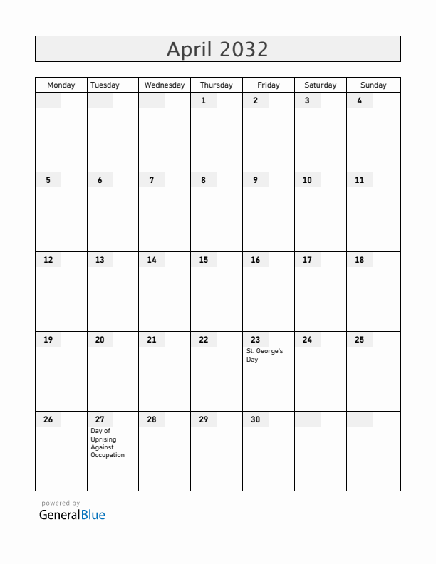 Slovenia April 2032 Calendar with Holidays