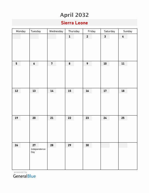 Sierra Leone April 2032 Calendar with Holidays
