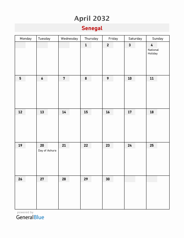 Senegal April 2032 Calendar with Holidays