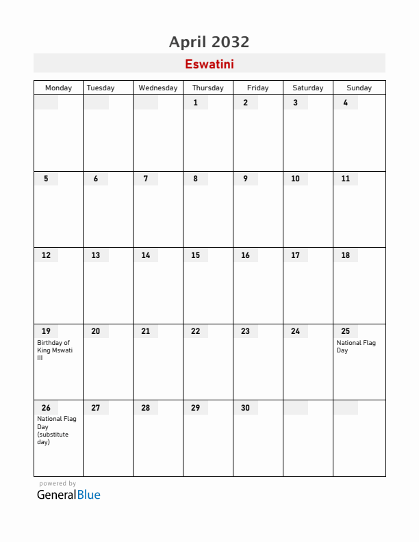 Eswatini April 2032 Calendar with Holidays