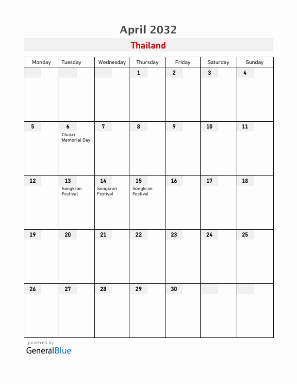 Thailand April 2032 Calendar with Holidays