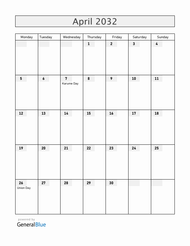 Tanzania April 2032 Calendar with Holidays