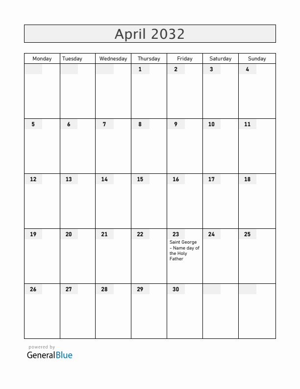 Vatican April 2032 Calendar with Holidays