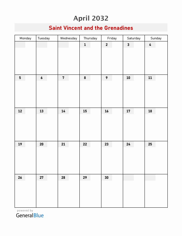 Saint Vincent and the Grenadines April 2032 Calendar with Holidays
