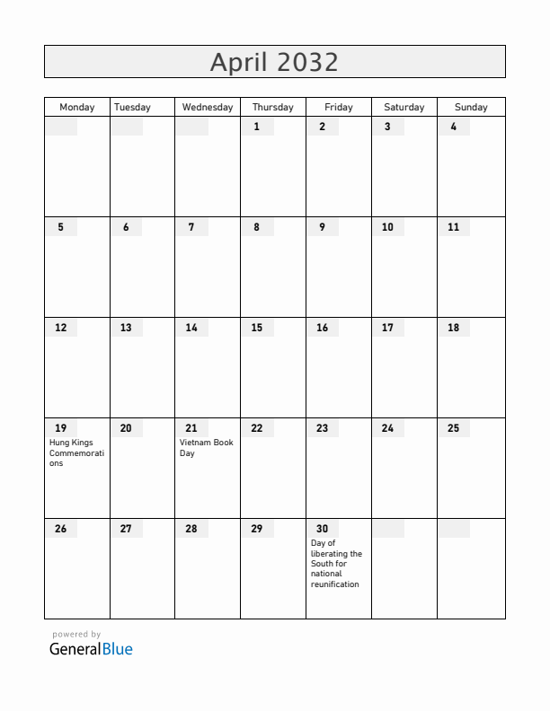 Vietnam April 2032 Calendar with Holidays