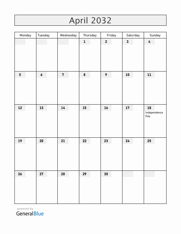 Zimbabwe April 2032 Calendar with Holidays
