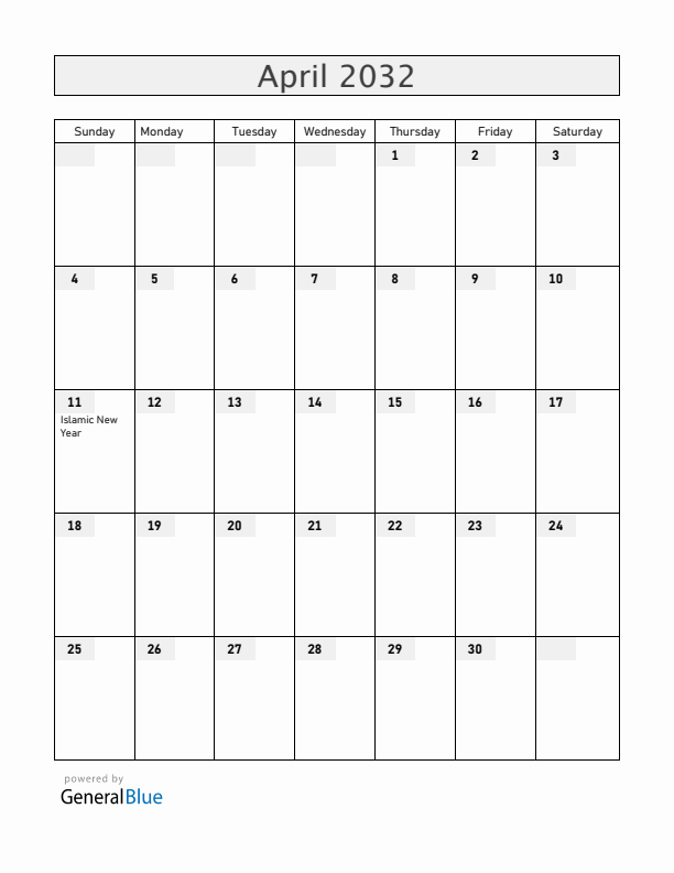 United Arab Emirates April 2032 Calendar with Holidays