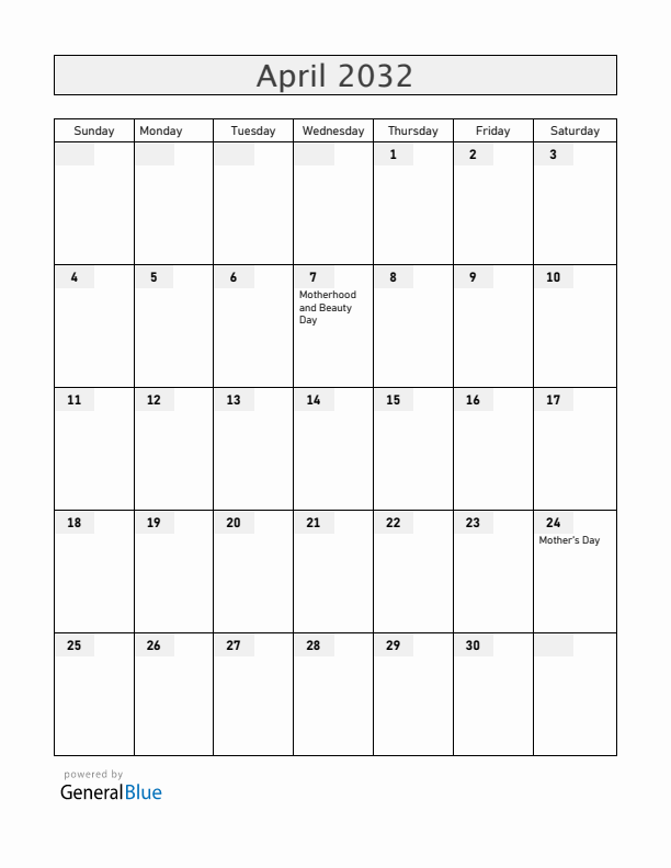 Armenia April 2032 Calendar with Holidays