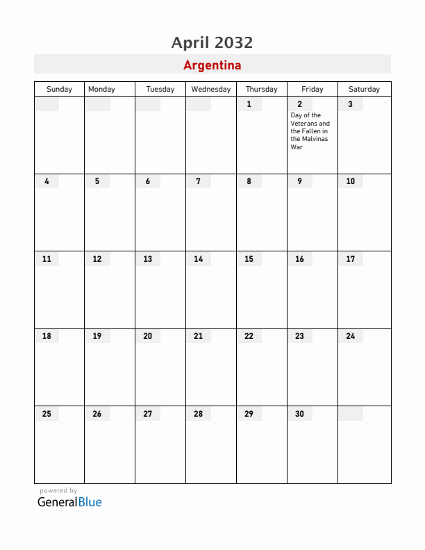Argentina April 2032 Calendar with Holidays