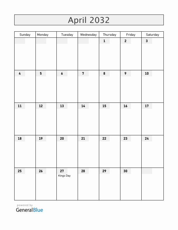 Aruba April 2032 Calendar with Holidays
