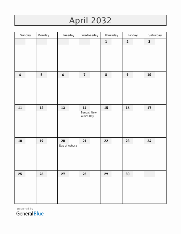 Bangladesh April 2032 Calendar with Holidays