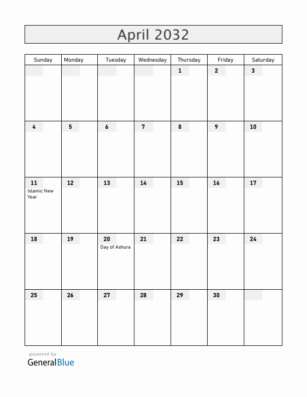 Bahrain April 2032 Calendar with Holidays