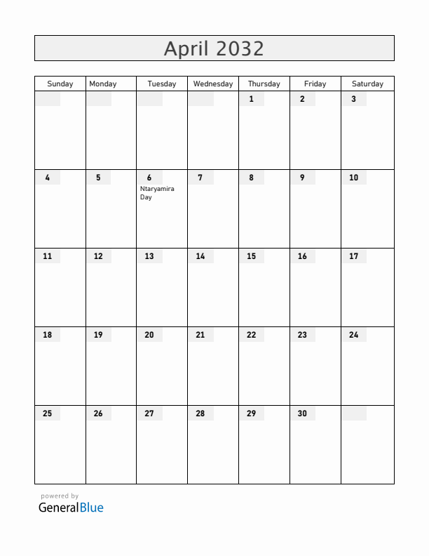 Burundi April 2032 Calendar with Holidays