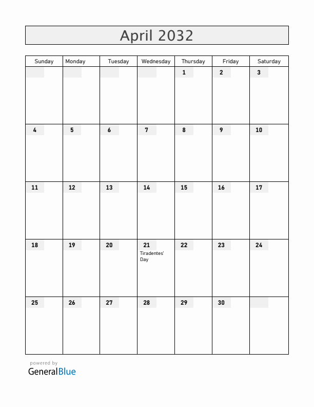 Brazil April 2032 Calendar with Holidays
