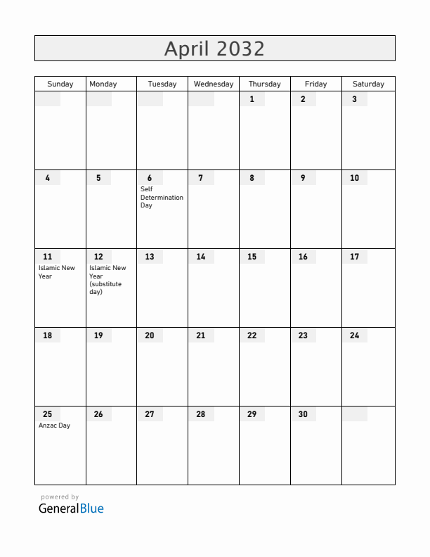 Cocos Islands April 2032 Calendar with Holidays