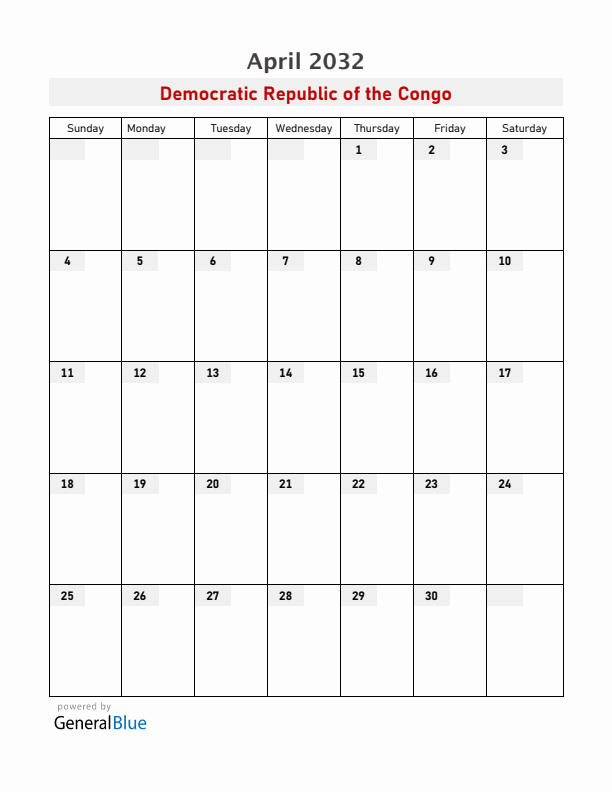 Democratic Republic of the Congo April 2032 Calendar with Holidays