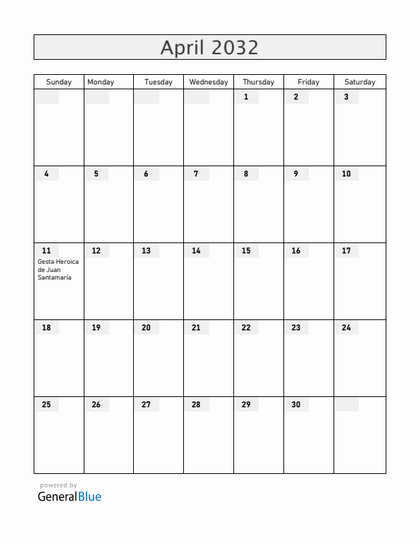 Costa Rica April 2032 Calendar with Holidays