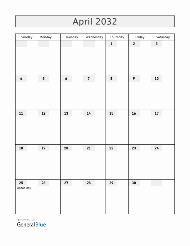Christmas Island April 2032 Calendar with Holidays