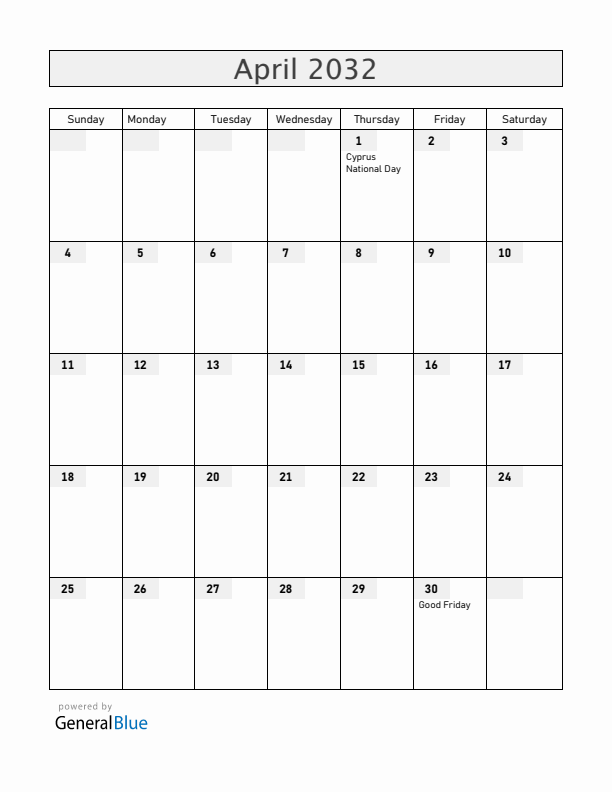 Cyprus April 2032 Calendar with Holidays