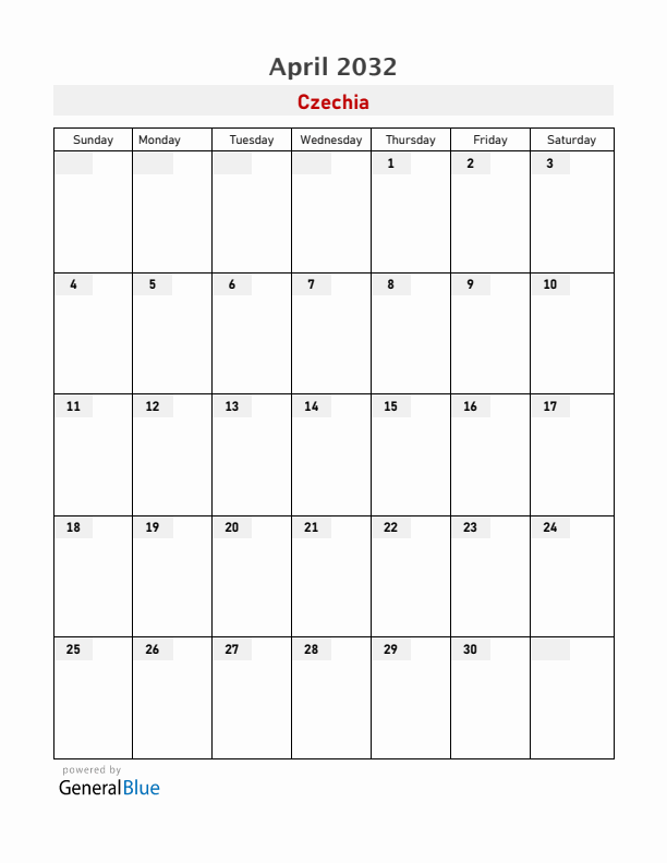 Czechia April 2032 Calendar with Holidays