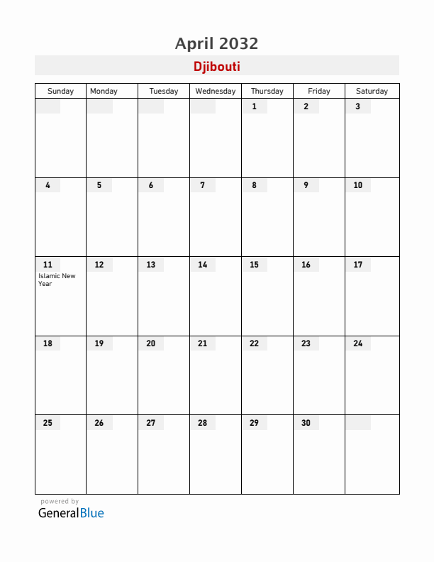 Djibouti April 2032 Calendar with Holidays