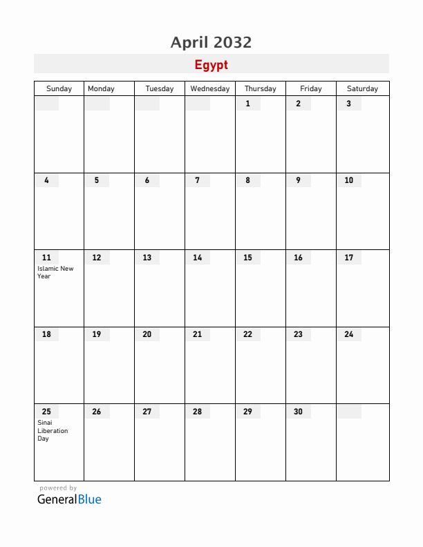 Egypt April 2032 Calendar with Holidays