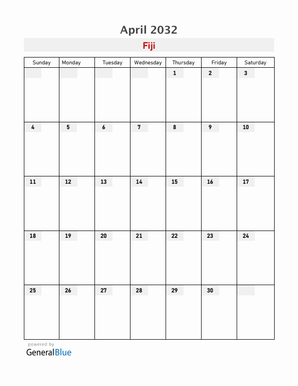 Fiji April 2032 Calendar with Holidays