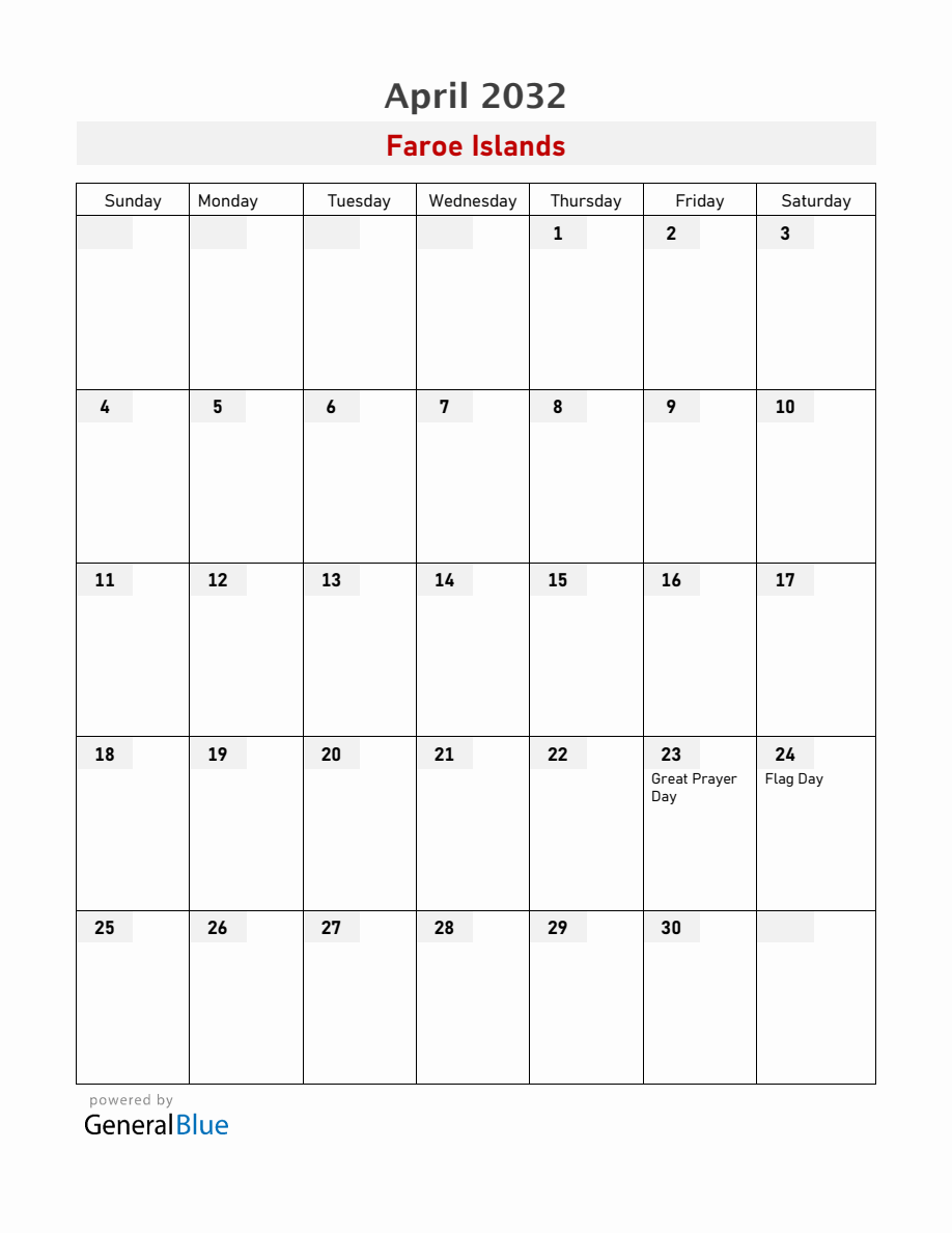Faroe Islands April 2032 Calendar with Holidays