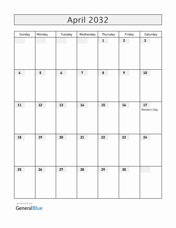 Gabon April 2032 Calendar with Holidays