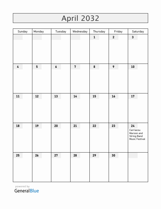 Grenada April 2032 Calendar with Holidays