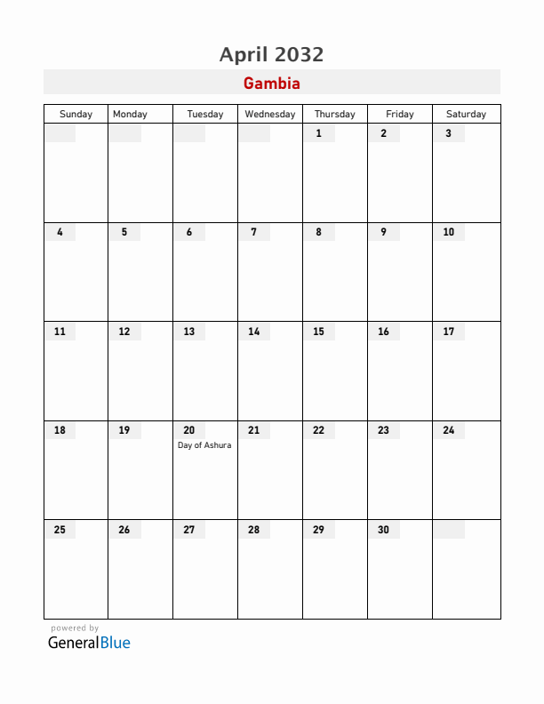 Gambia April 2032 Calendar with Holidays