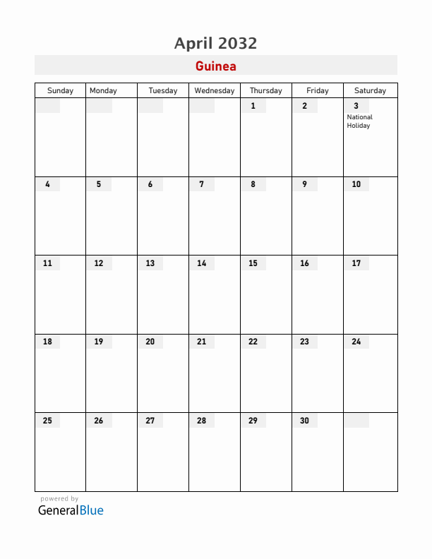 Guinea April 2032 Calendar with Holidays