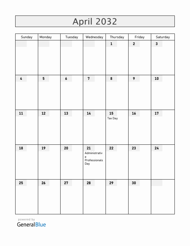Guam April 2032 Calendar with Holidays