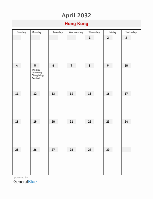 Hong Kong April 2032 Calendar with Holidays
