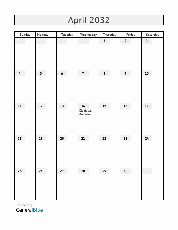 Honduras April 2032 Calendar with Holidays