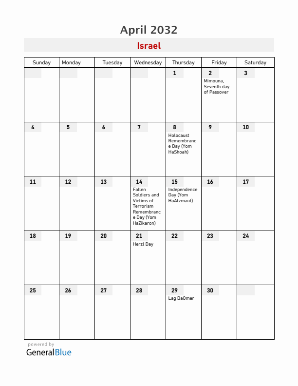 Israel April 2032 Calendar with Holidays