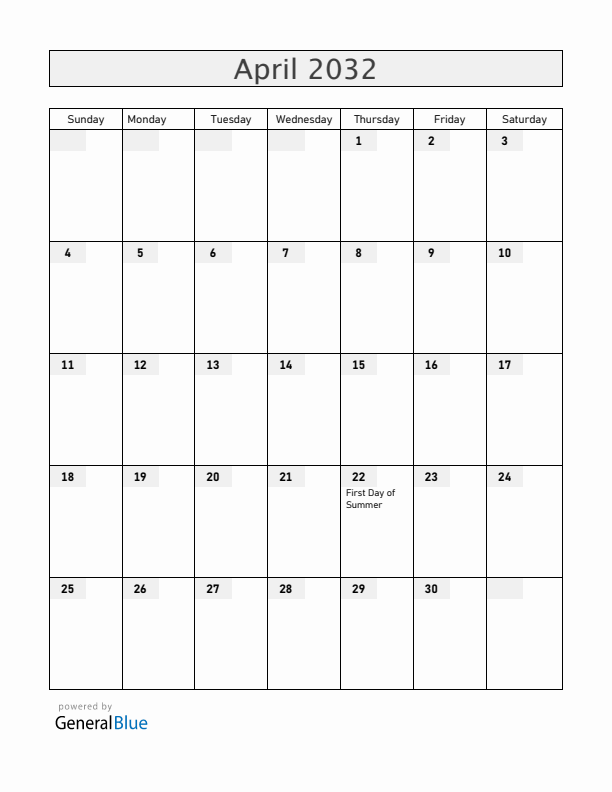 Iceland April 2032 Calendar with Holidays