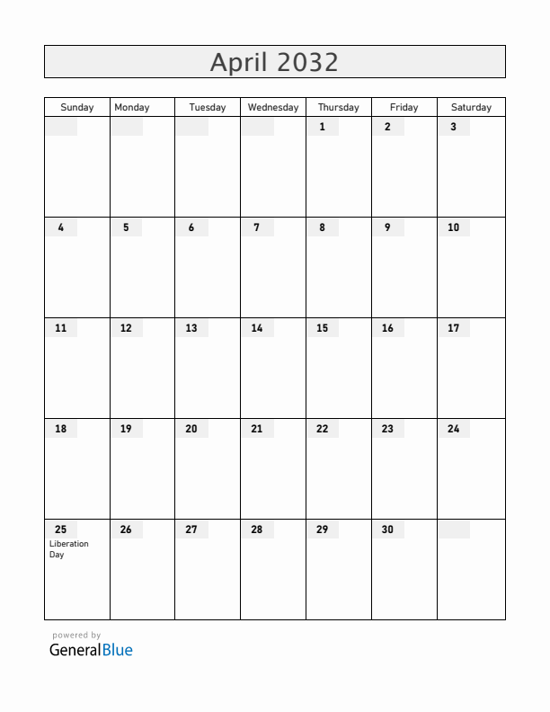 Italy April 2032 Calendar with Holidays