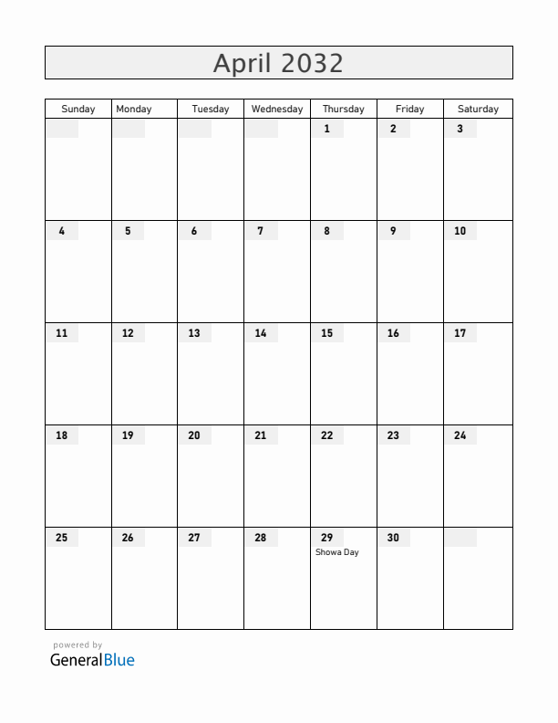 Japan April 2032 Calendar with Holidays